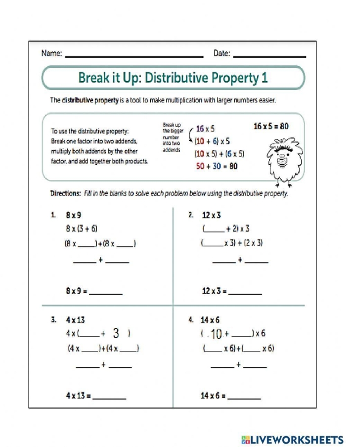 Fourth grade students practicing multiplication problems using the distributive property on a math worksheet