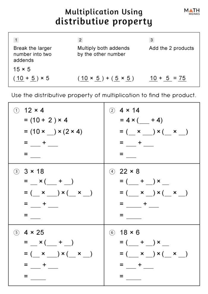 Worksheet featuring the distributive property to aid fourth-grade students in math. Break it Up: Distributive Property 1 worksheet for reading and math practice.