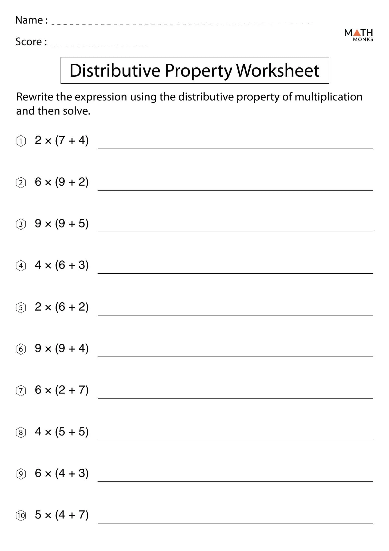Fourth grade students practice breaking apart numbers using the distributive property of multiplication on this interactive math worksheet