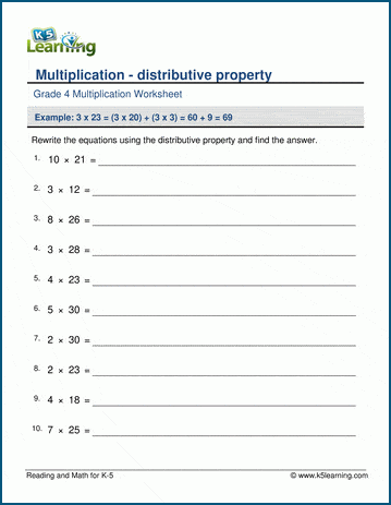 Worksheet illustrating the distributive property for fourth-grade students
