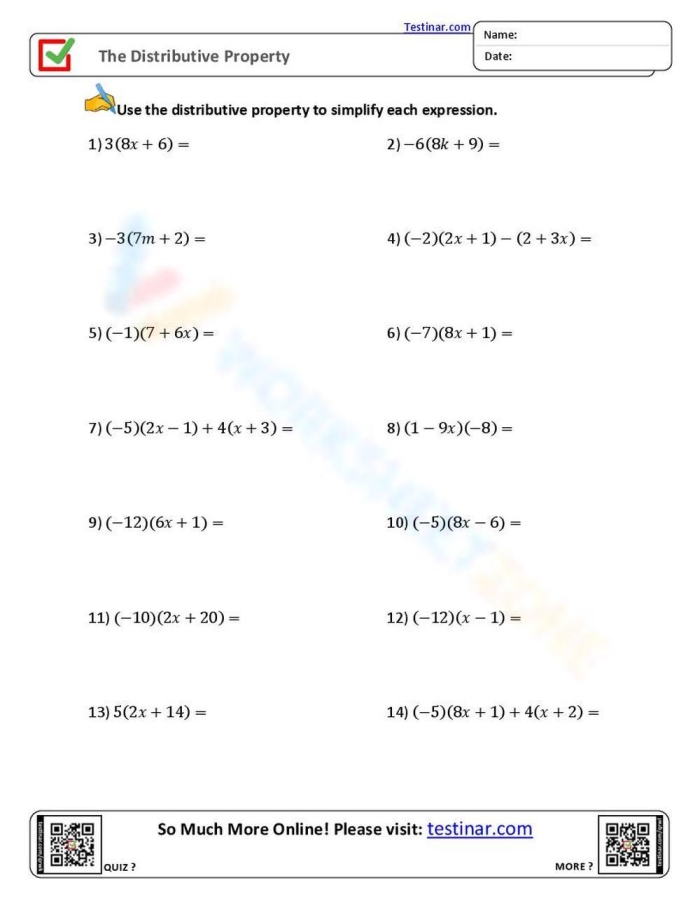 Fourth grade math worksheet focused on using the distributive property to simplify multiplication problems