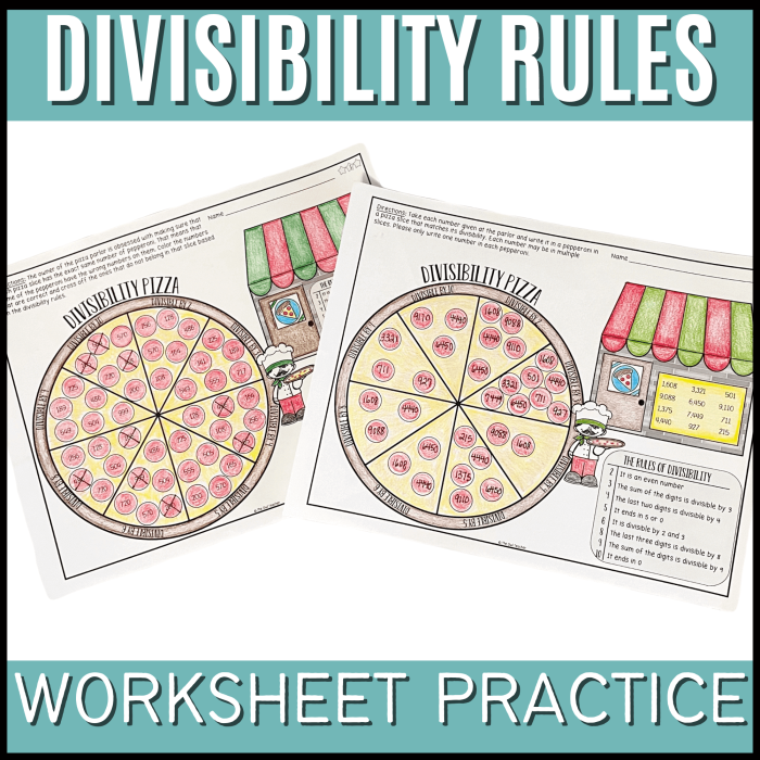 Fourth grade math worksheet explaining divisibility rules with spaces for students to practice solving problems