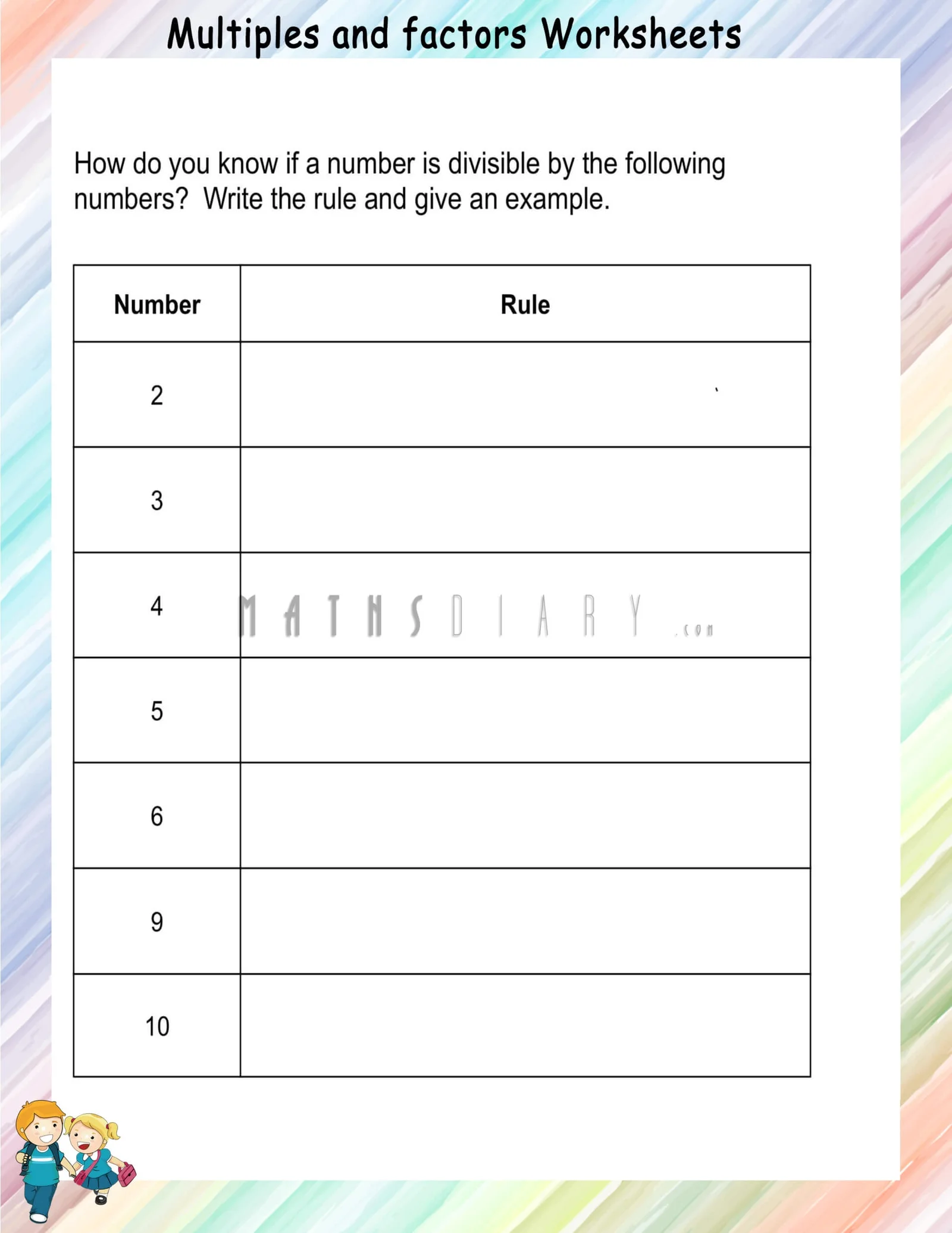 Fourth grade math worksheet for learning divisibility rules with blank spaces for practice