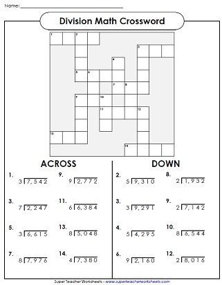 Fourth grade math student solving a division crossword puzzle worksheet number 11