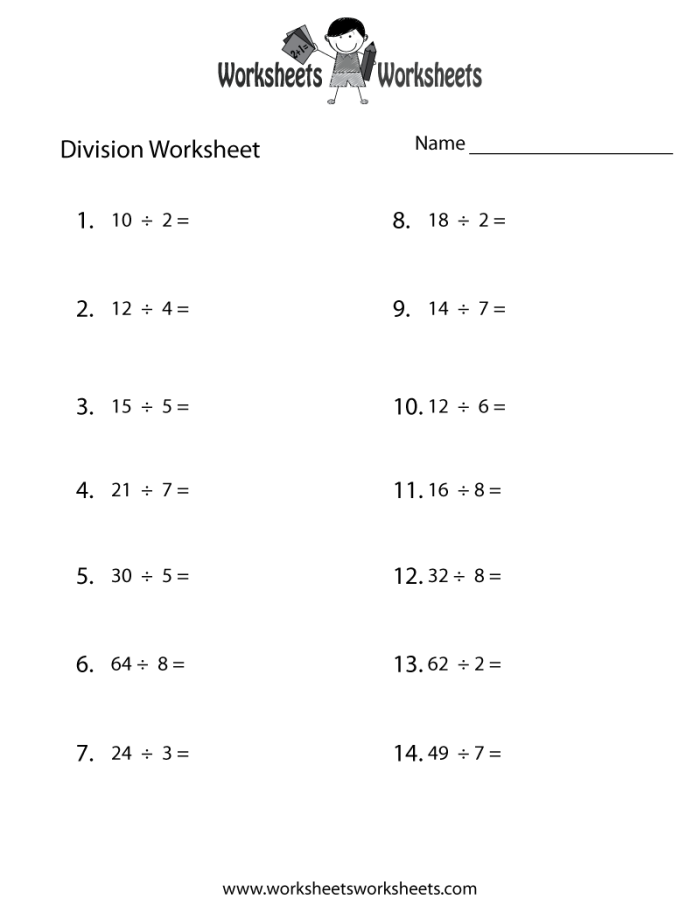 Fourth grade division practice worksheet with one and two digit division problems in vertical and linear formats for math skill development