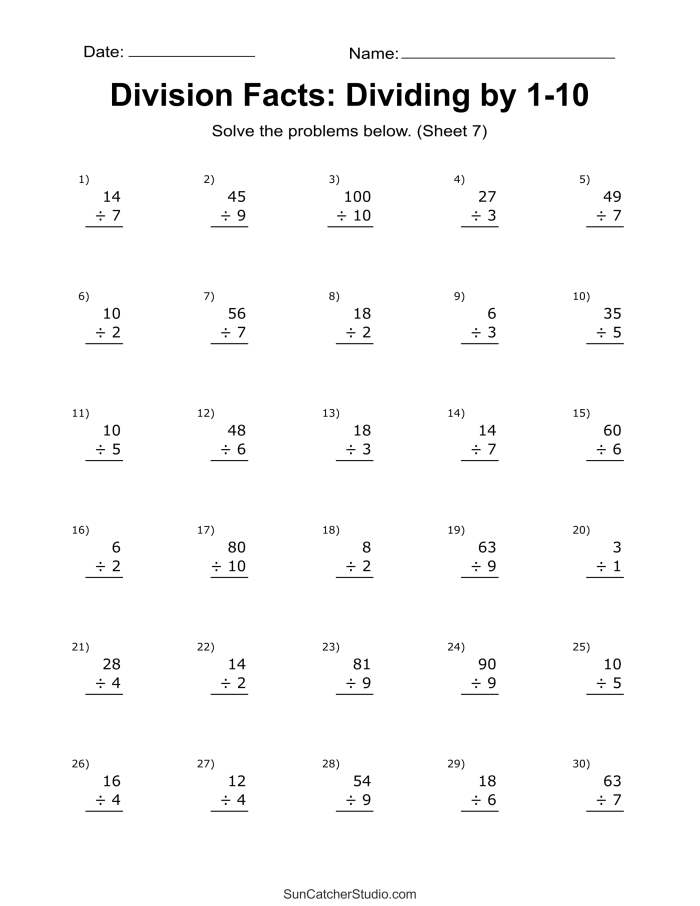 Fourth grade math worksheet for practicing one and two digit division problems
