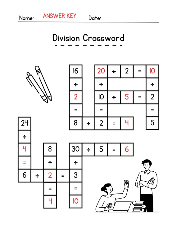 Division crossword worksheet designed for fourth graders focusing on time and money concepts