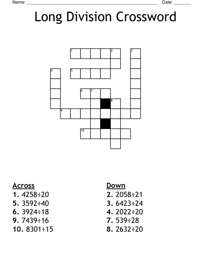 Division crossword worksheet for fourth graders focusing on time and money concepts