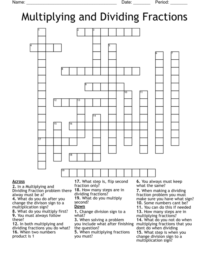 Division crossword worksheet for fourth graders focusing on time and money concepts