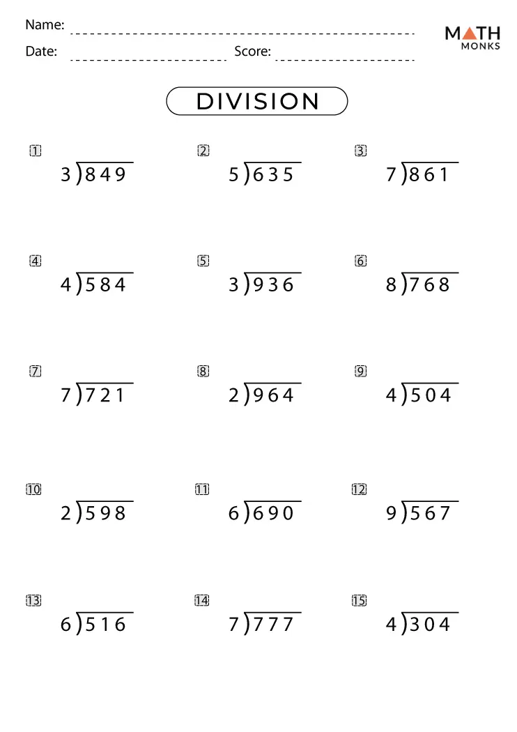 Fourth grade division practice worksheet with one and two digit vertical and linear division equations