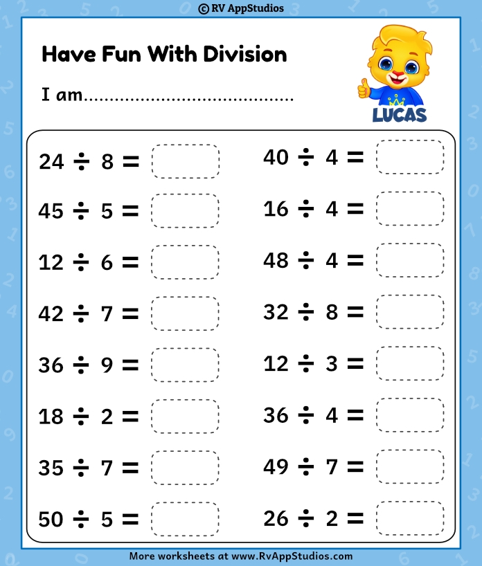 Fourth grade division practice worksheet with one and two digit vertical and linear division equations