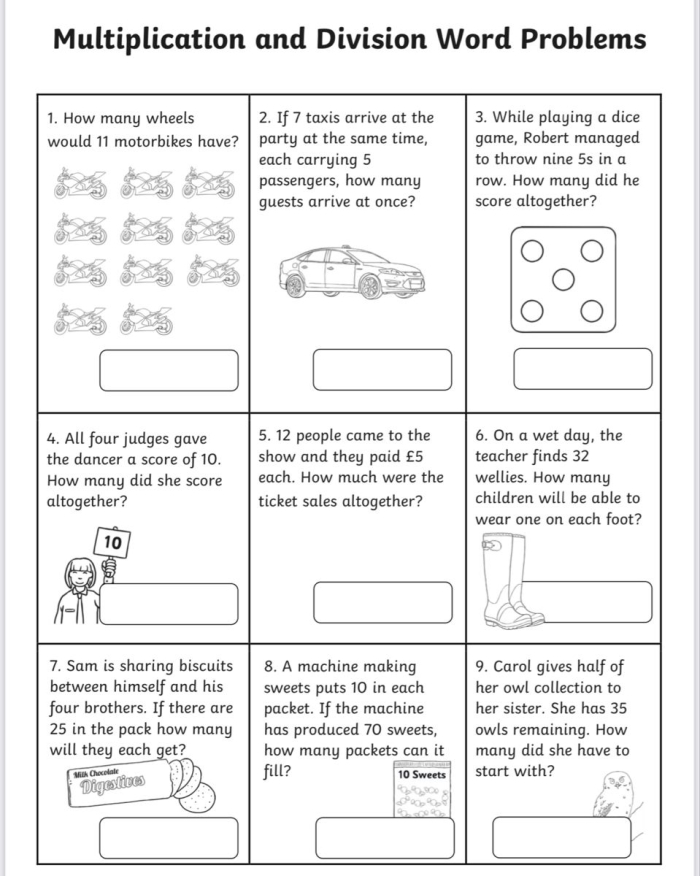 Simple Division Word Problems Practice Sheet for Elementary Math Learning Fourth grade students solving simple division word problems with colorful illustrations and numbered practice problems