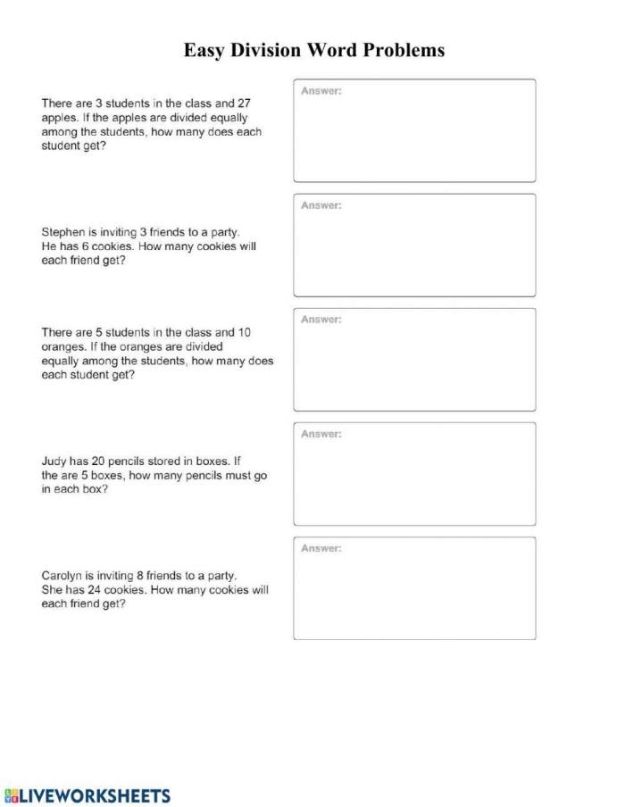 Simple Division Word Problems Practice Sheet for Elementary Math Learners Fourth grade students solving seven colorful division word problems on a math practice worksheet