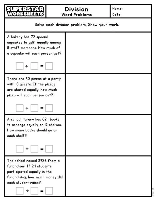 Simple Division Word Problems Math Activity for Elementary Learners Fourth grade students solving seven colorful division word problems on a practice worksheet