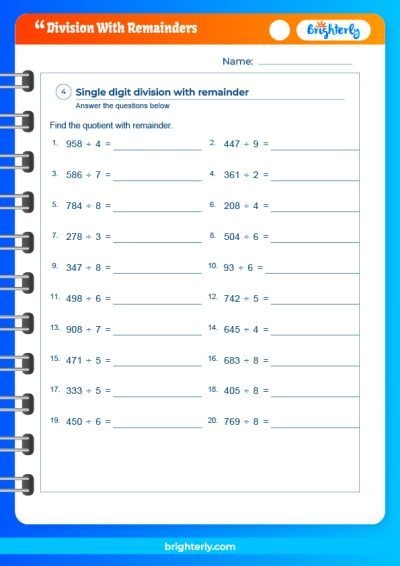 Dividing with Remainders Worksheet for Grade 4 Students Worksheet for practicing division with remainders for fourth graders