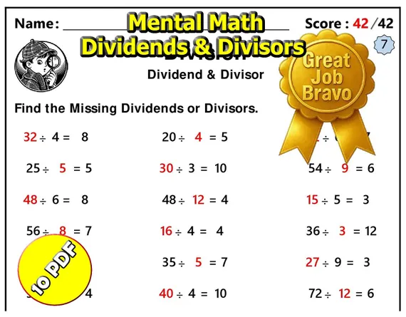 Students practicing long division with one-digit divisors and two- and three-digit dividends on a review worksheet