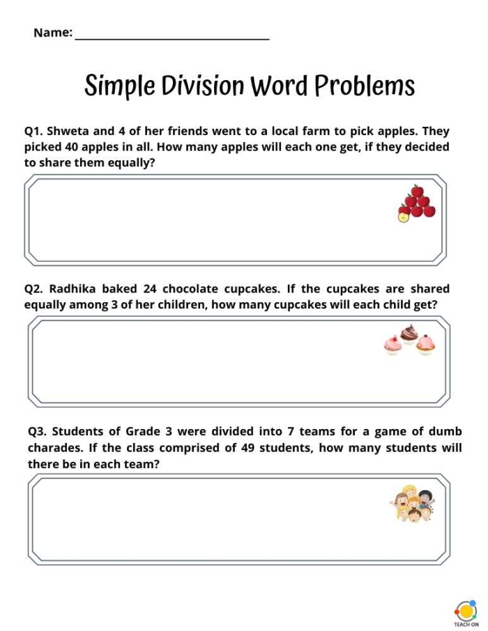 Simple Division Word Problems Worksheet for Grade 4 Math Practice Fourth grade student working on a set of seven simple division word problems on a printable worksheet