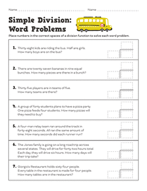 Simple Division Word Problems Practice Sheet for Elementary Math Learners Fourth grade students solving simple division word problems with colorful illustrations and clear problem statements