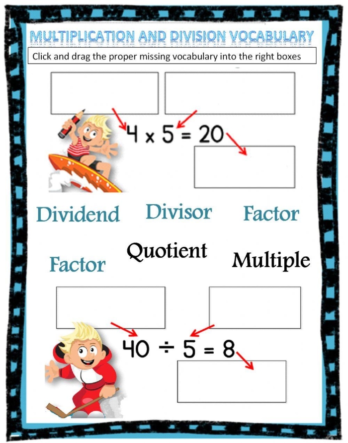 Division Terms Worksheet for Fourth Grade Number 20 Fourth grade student practicing division terms and symbols on a educational worksheet