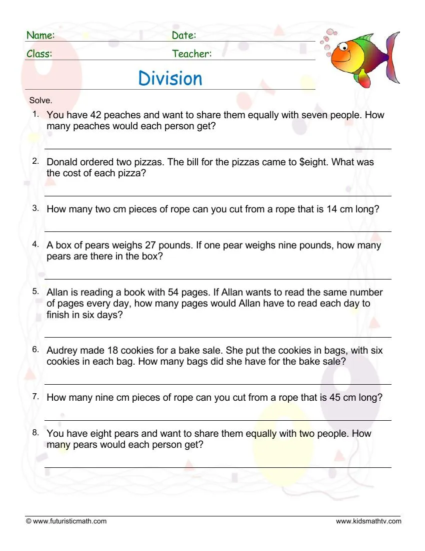 Simple Division Word Problems Worksheet 18 for Elementary Math Practice Fourth grade students solving simple division word problems with colorful illustrations and numbered practice problems