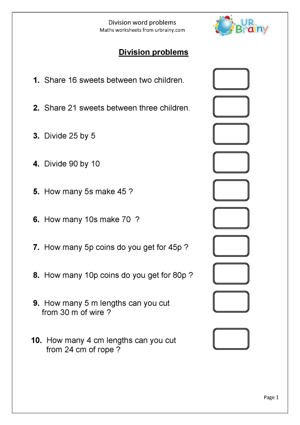 Simple Division Word Problems Worksheet for Elementary Math Practice Fourth grade students solving division word problems with colorful illustrations and numbers