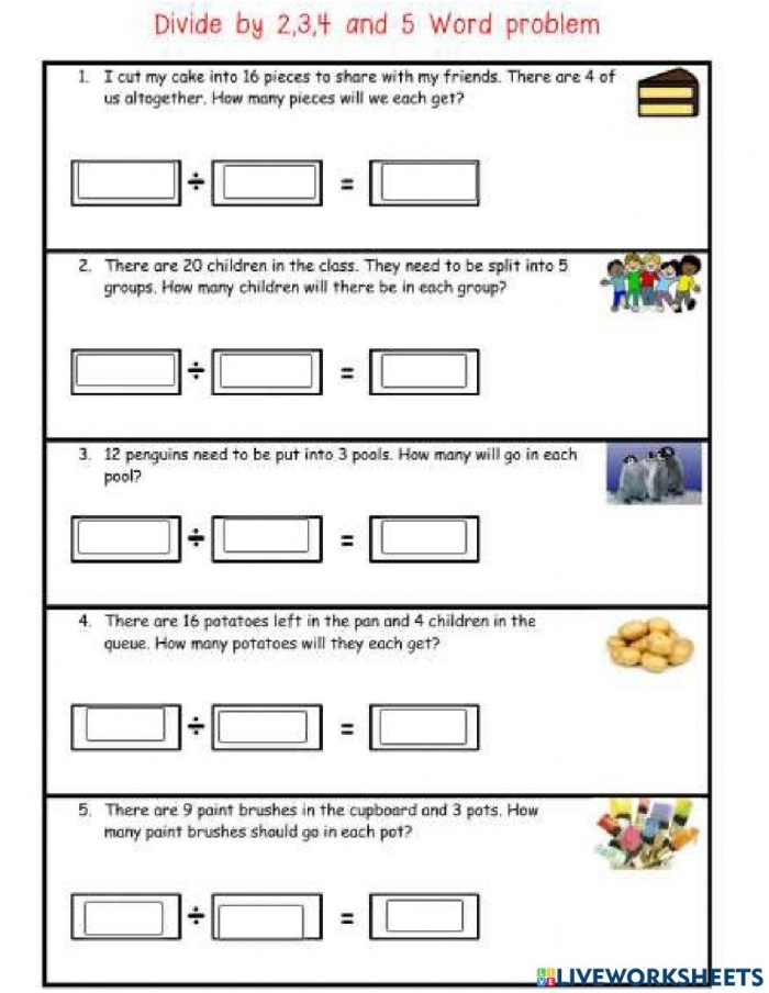 Simple Division Word Problems Practice Sheet for Elementary Math Learners Fourth grade students solving simple division word problems with colorful illustrations and clear problem statements
