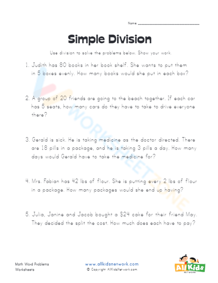 Simple Division Word Problems Practice Sheet for Elementary Math Learning Fourth grade students solving division word problems with colorful illustrations and clear problem statements