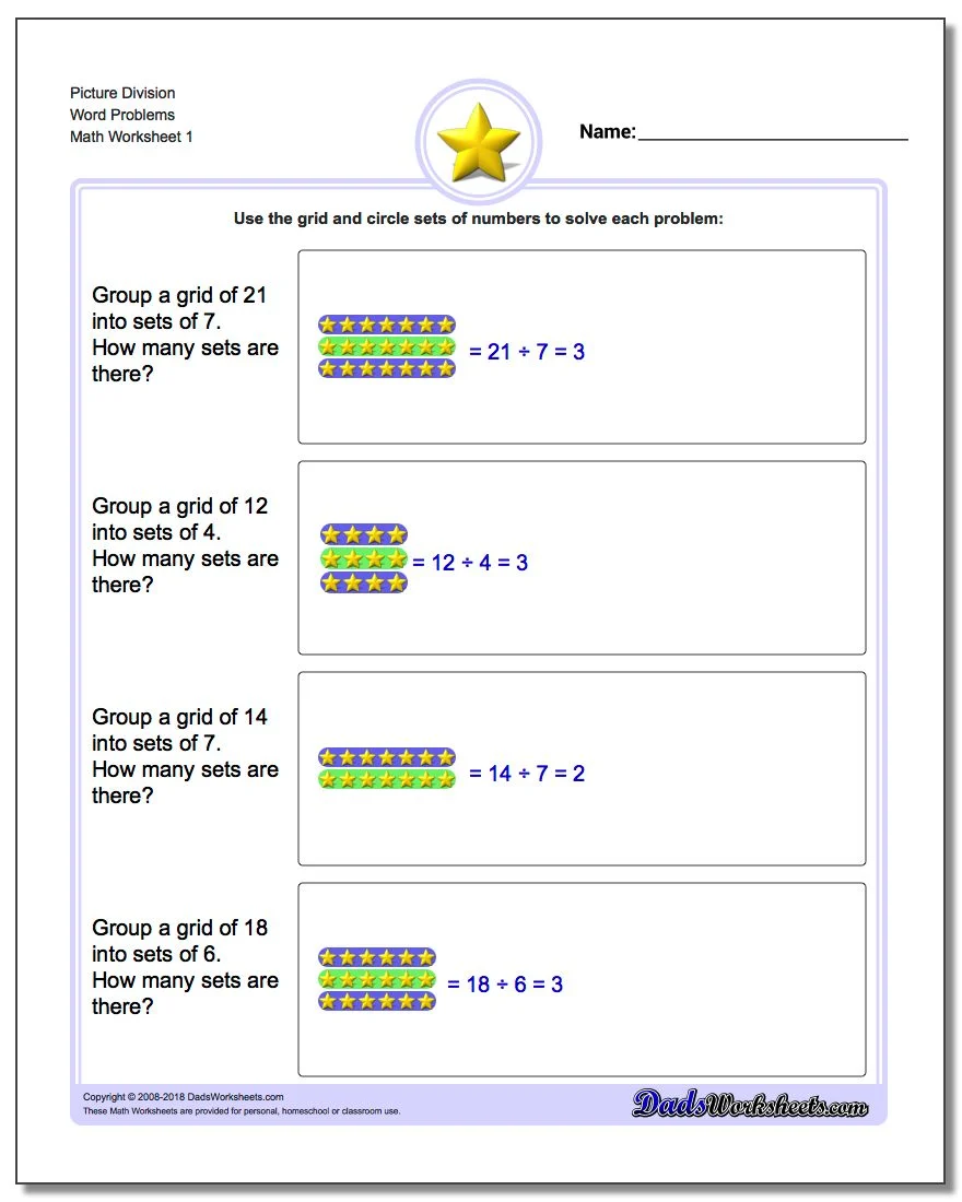 Simple Division Word Problems Worksheet for Grade 4 Number 25 Fourth grade students solving seven division word problems on a printable math worksheet