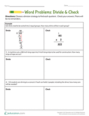Divide & Check worksheet for fourth-grade math students to enhance their division skills Worksheet featuring fourth-grade students solving division word problems with a focus on strategy selection