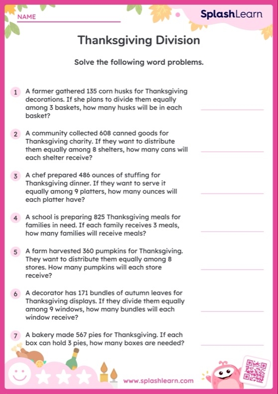 Worksheet featuring word problems that encourage division strategy selection and problem-solving skills A fourth-grade student solving division problems on a worksheet designed for practicing quotients