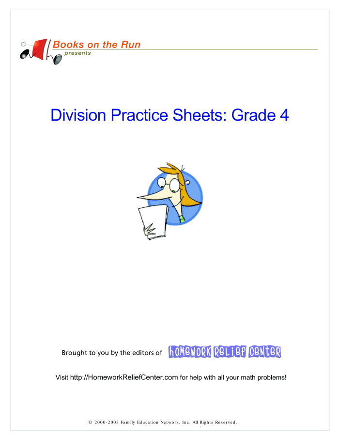 Fourth grade division practice worksheet with one and two digit vertical and linear division problems