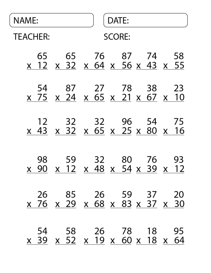 Two-Digit Multiplication Practice Sheet for Elementary Learners Fourth grade student solving two-digit multiplication problems using traditional column method with work shown