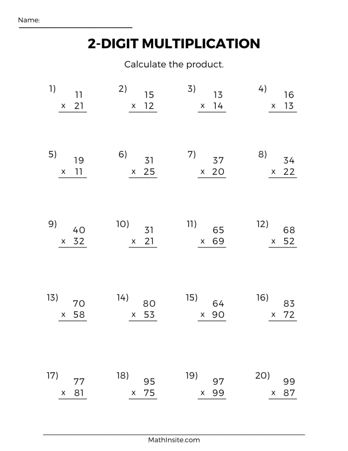 Double Digit Multiplication Worksheet 19 Fourth grade student practicing double-digit multiplication on a math worksheet