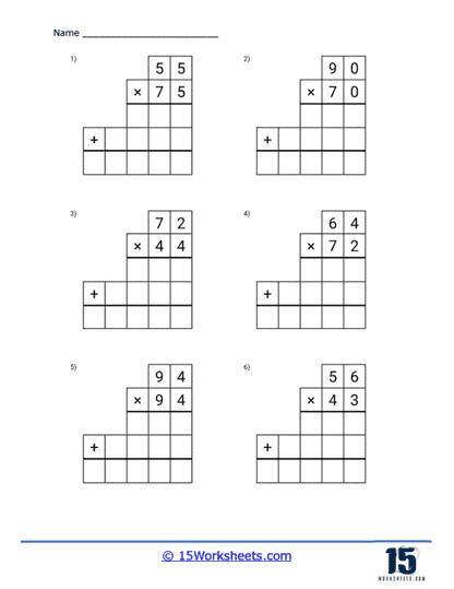 Double-Digit Multiplication Practice Worksheet for Fourth Grade Students Fourth grade student working on a double-digit multiplication worksheet with space to show their math steps