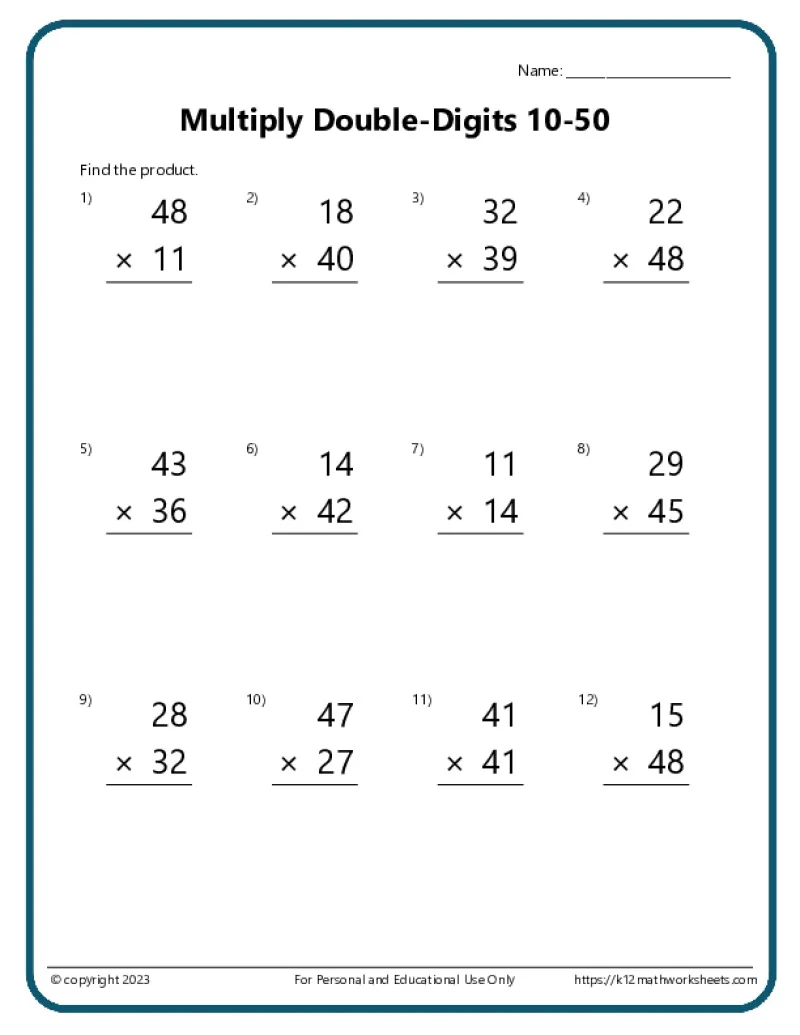 Double-Digit Multiplication Practice Worksheet for Grade 4 Number 21 Fourth grade student practicing double-digit multiplication on a math worksheet
