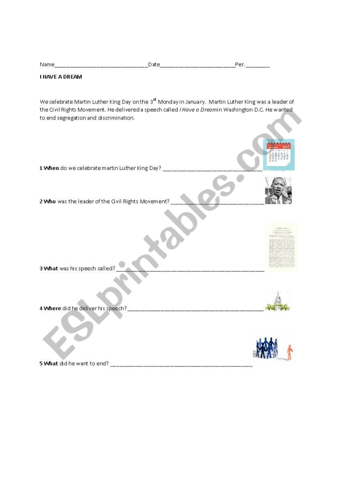 Illustration of a two-page worksheet featuring excerpts from Dr. King's "I Have a Dream" speech for fourth graders. Worksheet image for "I Have a Dream…" activity designed for fourth grade students.