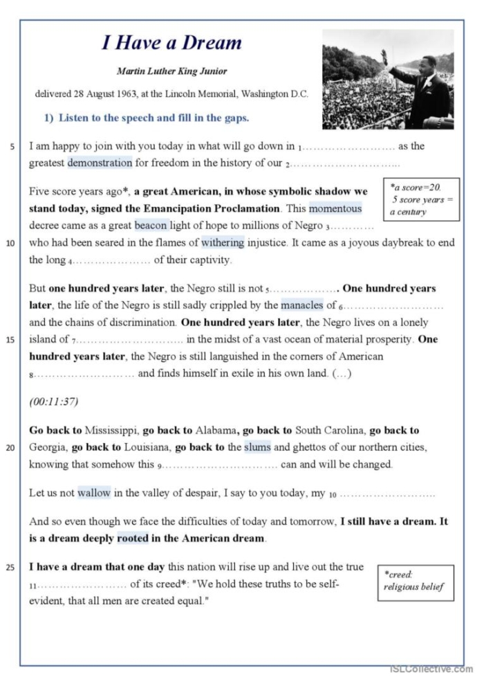 A two-page worksheet featuring excerpts from Dr. King's "I Have a Dream" speech for fourth graders. Worksheet image showcasing reflection and illustration inspired by Dr. King's vision.