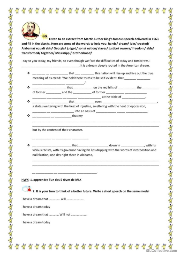 Students engaging with the "I Have a Dream" worksheet, reflecting on Dr. King's speech through drawing. Fourth grade learners exploring powerful themes in a two-page activity.