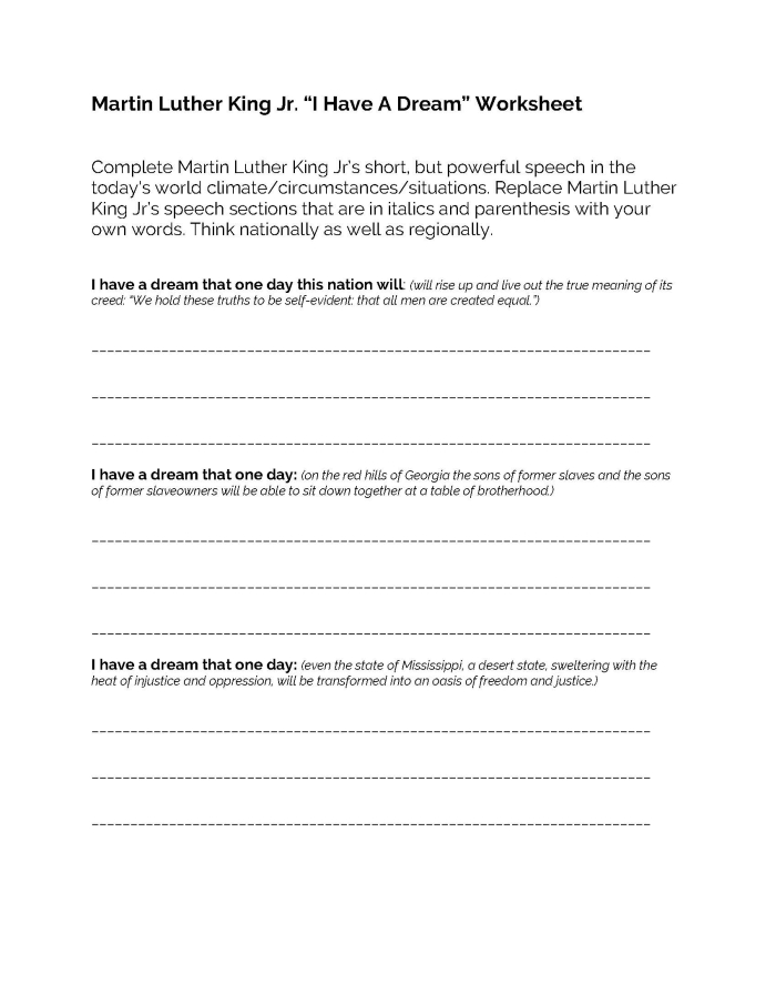Students engaging with the "I Have a Dream..." worksheet, reflecting on Dr. King's speech through illustration. Worksheet image for fourth graders focusing on the alphabet and creative expression.