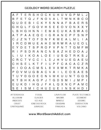 Geology Word Search Worksheet for Elementary Students Fourth grade geology word search puzzle with earth science vocabulary terms hidden in a grid of letters