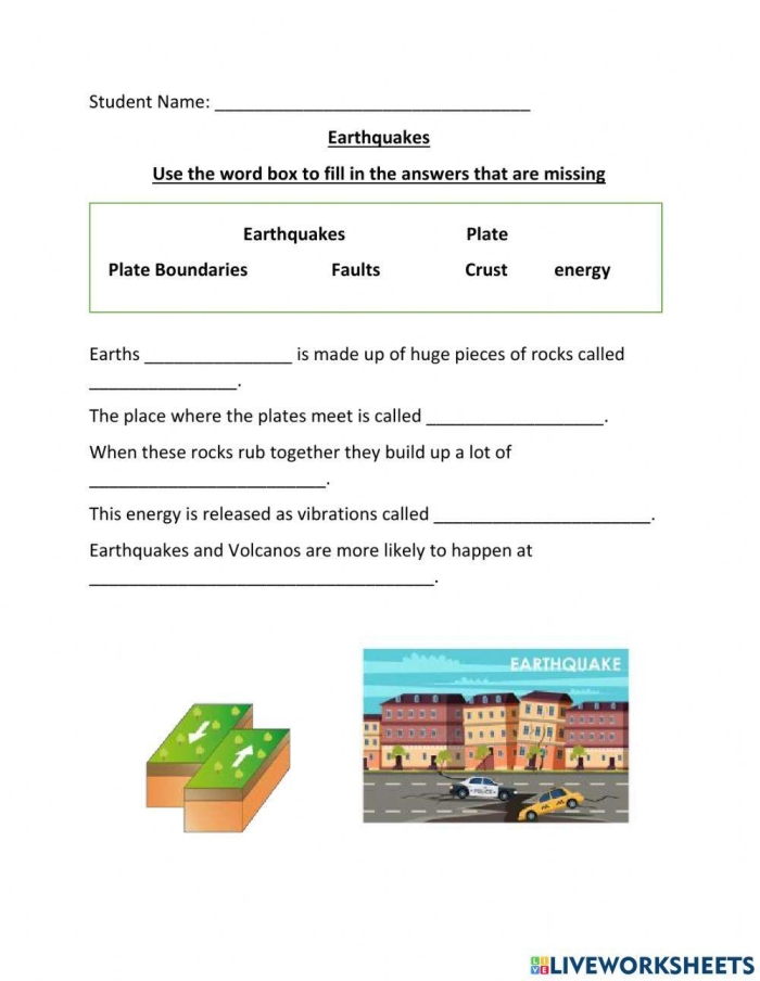 Fourth grade worksheet page showing earthquakes text features activity with labeled diagrams and comprehension questions