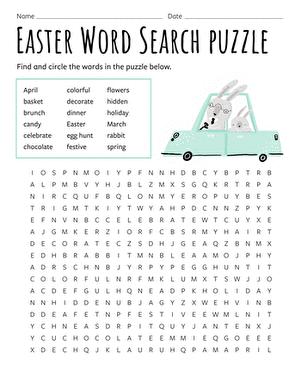 Easter Word Search Puzzle worksheet featuring 18 holiday-themed vocabulary words for fourth graders