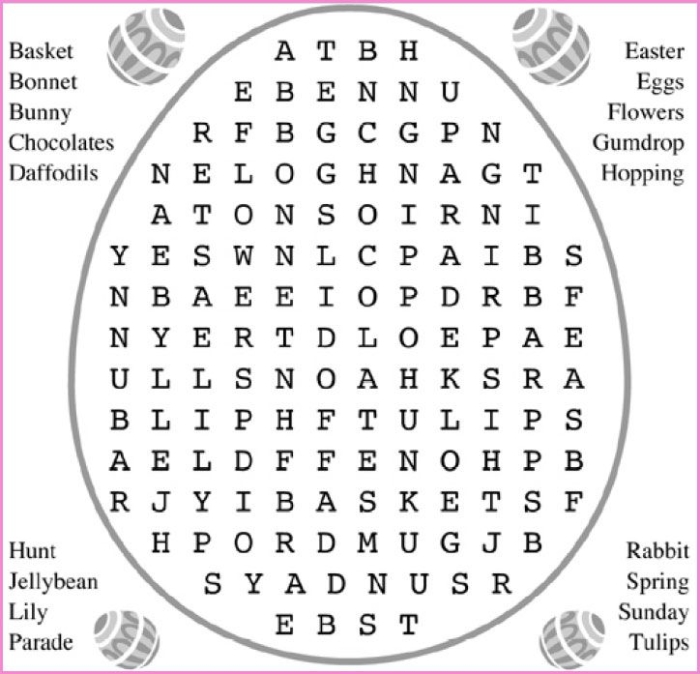 Easter Word Search Puzzle worksheet featuring 18 vocabulary words for fourth graders