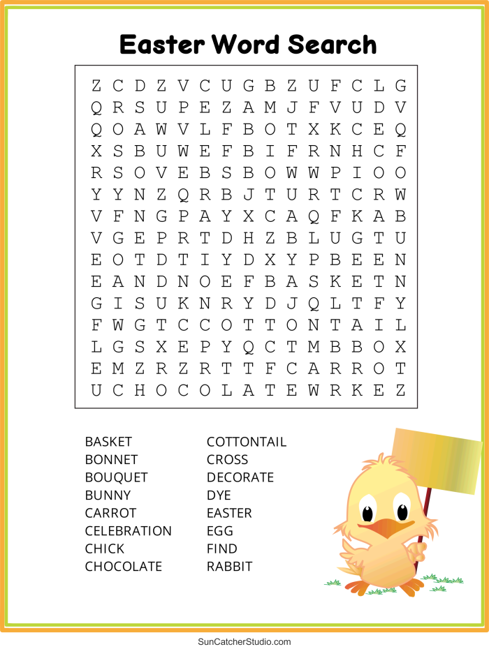 Easter Word Search Puzzle worksheet for fourth graders featuring 18 vocabulary words related to the holiday