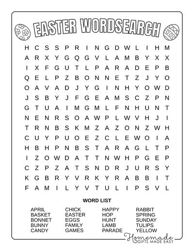 Fourth grade Easter Word Search puzzle worksheet featuring 18 seasonal vocabulary words