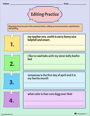 Subtraction worksheet for Fourth Grade Fourth-grade students practicing editing and revision with a worksheet focused on subtraction. Image depicting students using editor's marks to correct grammar and punctuation errors.