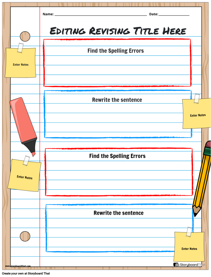 Worksheet image illustrating editor's marks for grammar and punctuation corrections Fourth grade students practicing editing and revision techniques on a subtraction worksheet