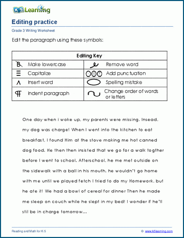 Subtraction worksheet for Fourth Grade Students practicing editing and revision skills on a worksheet focused on grammar and punctuation. Image of Editing and Revision Practice worksheet for fourth graders.