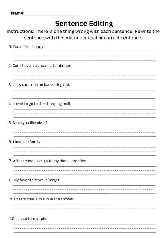Subtraction worksheet for Fourth Grade Fourth grade students engaged in editing and revision practice using a worksheet focused on subtraction. Worksheet image showcasing editor's marks for grammar and punctuation corrections.