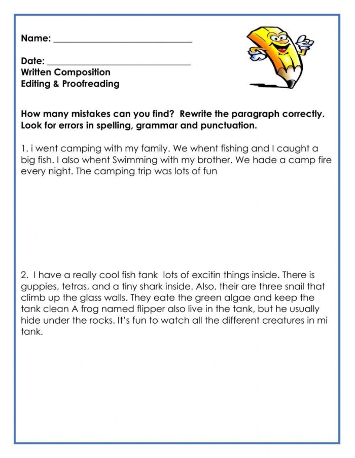Worksheet image 25 illustrating editor's marks for grammar and punctuation errors Fourth grade students practicing editing and revision skills on a worksheet focused on subtraction